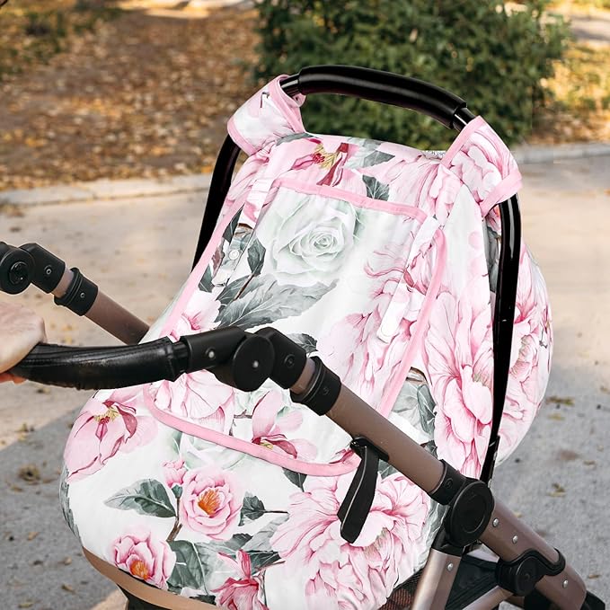 Pea Pod Car Seat Cover for Baby Girls, Floral Infant Car Seat Canopy Cover for Newborn, with 2 Layers Windows of Breathable Mesh/Fabric, 3D Minky Dot Backing, Ultra Soft & Comfortable