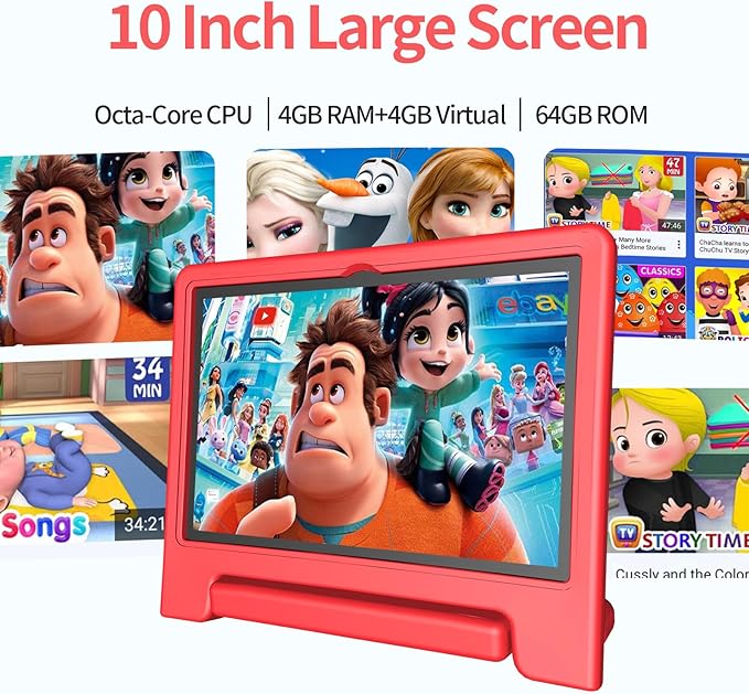 JREN Tablet for Kids|10 Inch Kids Tablet Android 14|Octa-core|64GB|WiFi |Bluetooth|Parental Control|Children Content|Children Toddler Red