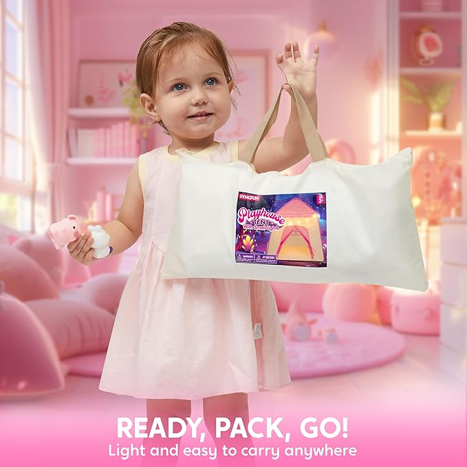 JOYIN Pink Princess Tent for Girls with LED Star Lights-Indoor & Outdoor Large Playhouse Kids Castle Play Tent for Children Indoor and Outdoor Games