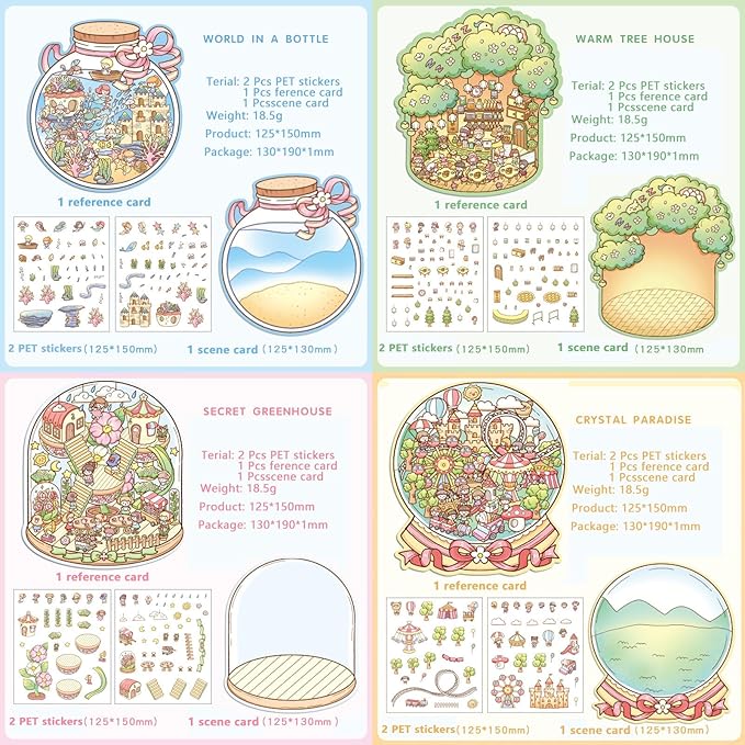 DIY 3D Sticker Scene,8 Sets Pack(500+), Reusable Sticker Book, Cute Sets for Free Combination, Cute Waterproof for Anywhere, Crafts Party Favors Birthday Gift