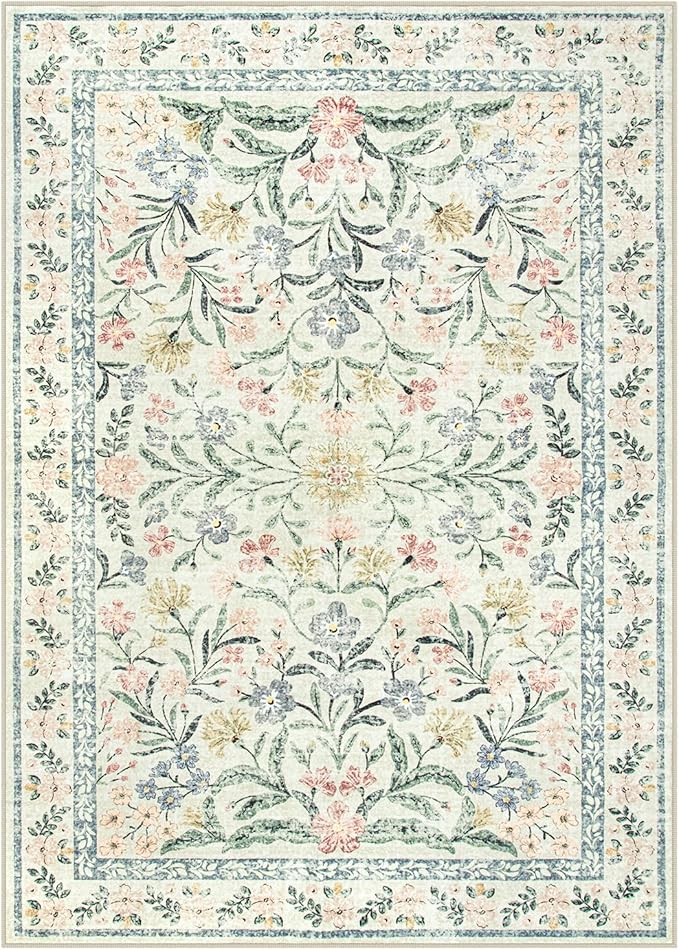 Wonnitar Washable Area Rugs 5x7, Soft Floral Bedroom Area Rug, Washable Carpet 5x7 Non Slip, Boho Flower Print Beige Carpets for Living Room Bedside Dining Room