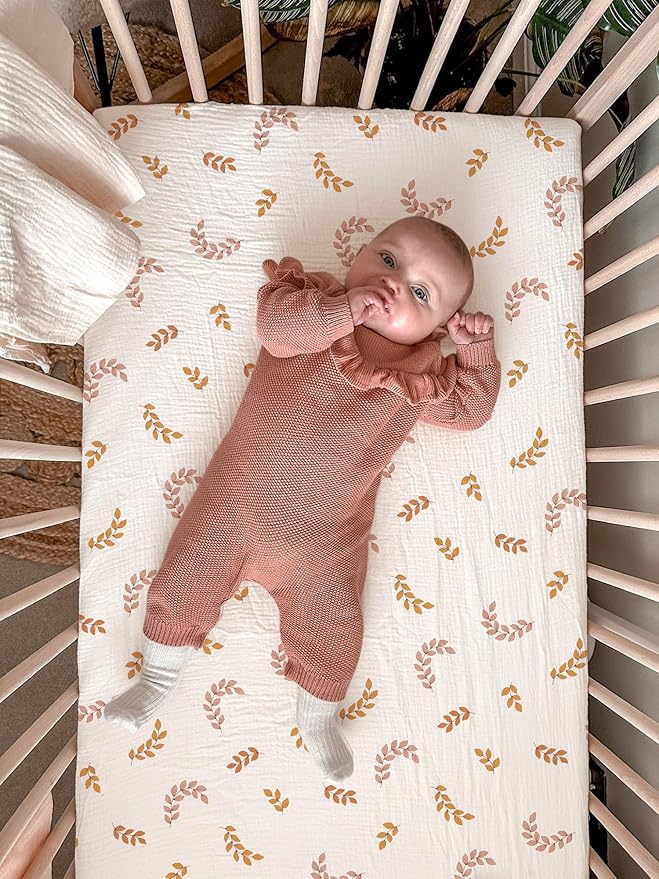Bassinet Sheet for Baby Boy and Girl 2 Pack, Fitted Sheets for Rectangle, Oval, Hourglass Bassinet Mattress, Muslin Moses Basket Sheets with Neutral Style (Brick & Leaf)