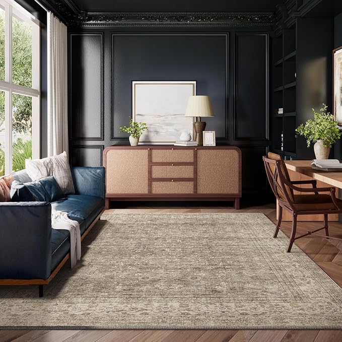 Machine Washable Rugs for Living Room: 9x12 Area Rugs for Bedroom Vintage Stain Resistant Non Slip Low Pile Lightweight Boho Carpet for Kitchen Dining Room Farmhouse Kids Room Nursery