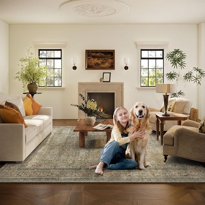 Washable Area Rugs for Living Room: 5x7 Bedroom Rug Boho Vintage Rugs Stain Resistant Non Slip Low Pile Lightweight Soft Carpets for Dining Room Kitchen Nursery Kids Room Farmhouse Living Room