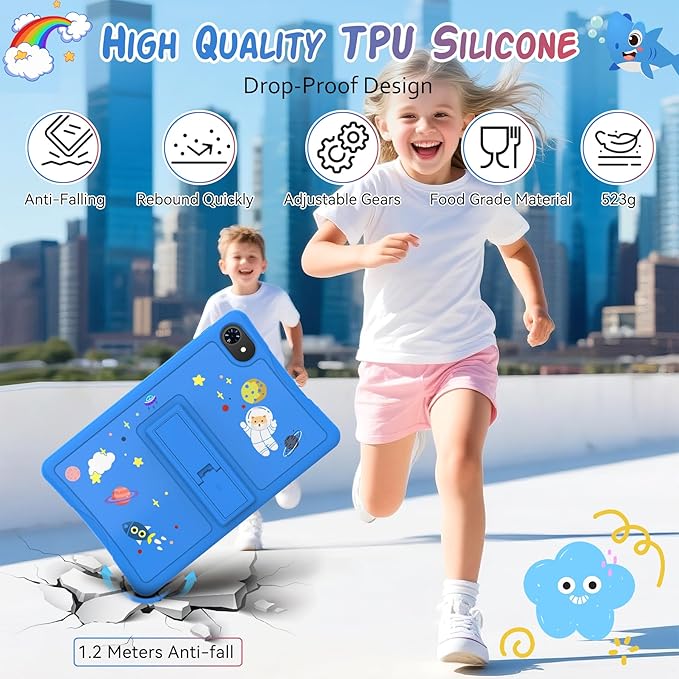 Kids Tablet 10 inch, Android 15 Tablets for Kid, Parental Control, Pre-Installed Kiddos Software & Kids Space, Includes Case & Stylus Pen, 12GB RAM 64GB ROM, 2TB Expand, HD IPS Screen(Blue)