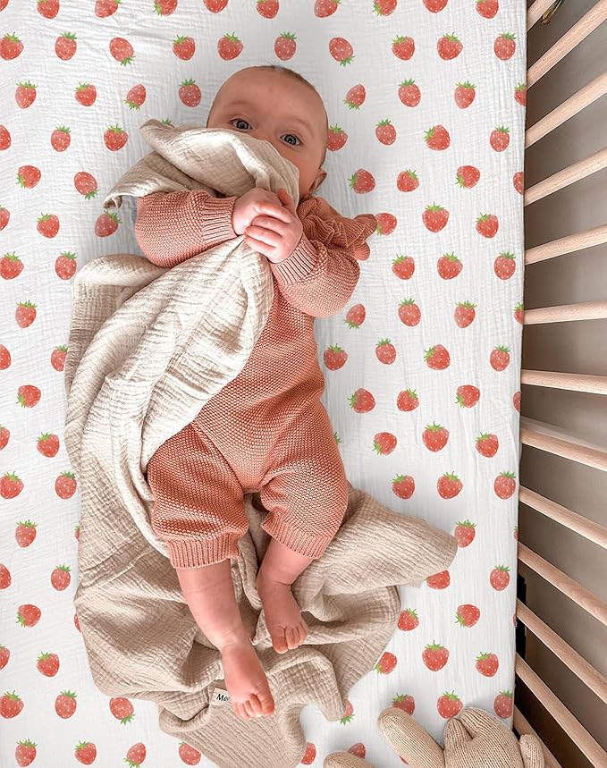 Muslin Bedside Bassinet Sheets 2 Pack, 33x20 Fitted Ultra Soft & Breathable Bedside Sleeper Sheets, Ideal for Baby Girl and Boy, Perfect for Newborns (Strawberry & Pale Pink)