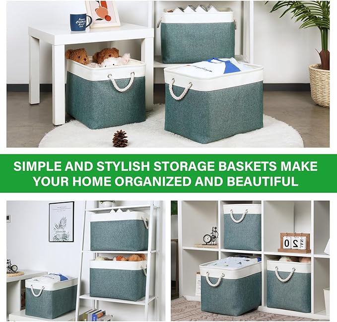 Bidtakay Large Storage Baskets for Shelves 3 Pack Fabric Storage Bins for Organizing Linen Collapsible Organizer for Closet-Deep Green