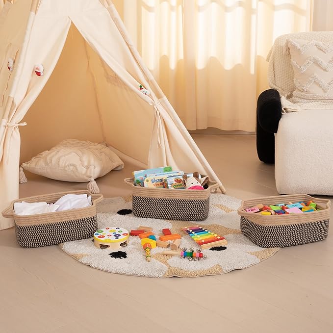 OIAHOMY 3 Pack Storage Baskets for Organizing, Woven Cotton Rope Basket for Shelves, Closet Organizer Bins with Handles, Rectangle Toy Organization, 13.78''×9.84''×5.5'', Brown & Black