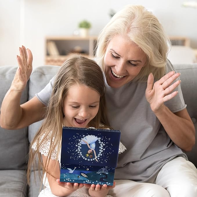 Jewelkeeper Girl's Ballerina Musical Jewelry Storage Box with Pullout Drawer, Glitter Design, Swan Lake Tune Blue