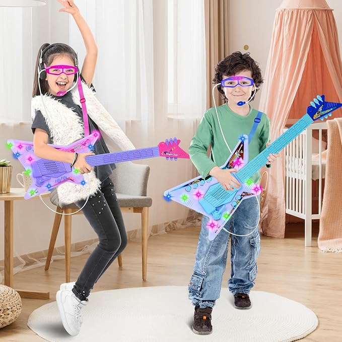Guitar and Microphone Play Set with Glasses,Music Toys with Music&Light,Kids Karaoke Machine,Music Instruments for Toddlers,Boys,Perschool Educational Toys Gift for Children