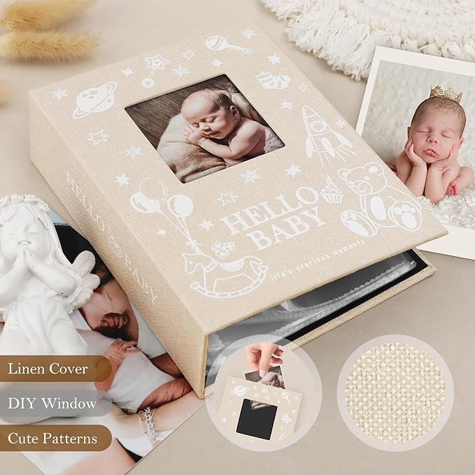 Lanpn Baby Photo Album 4x6 100 Pockets 2 Packs, Mini Linen DIY Window Photo Book Newborn Bebe Album Memory Book Sets, Holds 100 Top Loader Vertical Pictures Gift for Kids Boy Girl Baby Shower, Beige