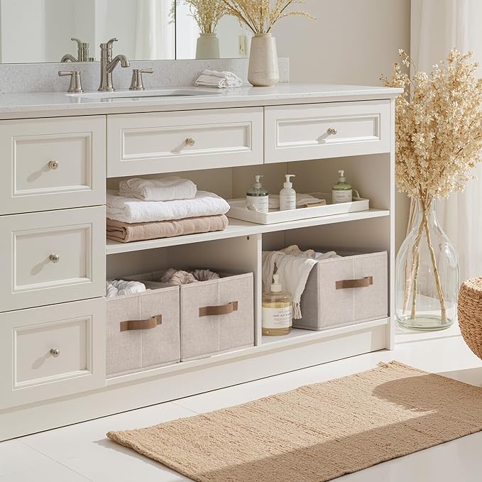 StorageWorks Storage Baskets for Shelves, Foldable Fabric Closet Storage Bins with Handles, Clothes Organizer Laundry Baskets, Brown & Beige, 3-Pack, Large