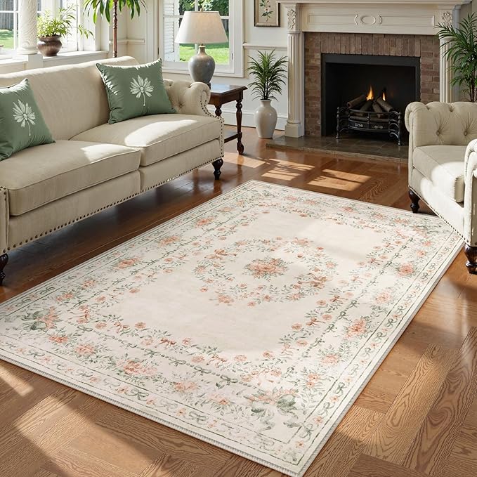 Wonnitar Floral Bow Washable Area Rug 5x7, Ultra-Thin Beige Rugs for Bedroom, Boho Non Shedding Neutral Soft Carpet for Nursey Kids Room Dorm Living Room, Beige