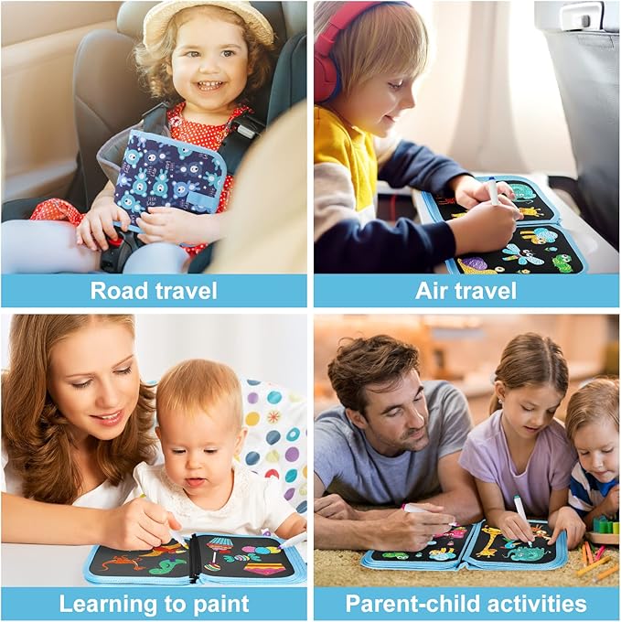 Erasable Doodle Set for Kids - Reusable Magic Drawing Book with 12 Watercolor Pens 14 Page Drawing, Road Trip Car Game Writing Painting Set for Boys and Girls (Bear)