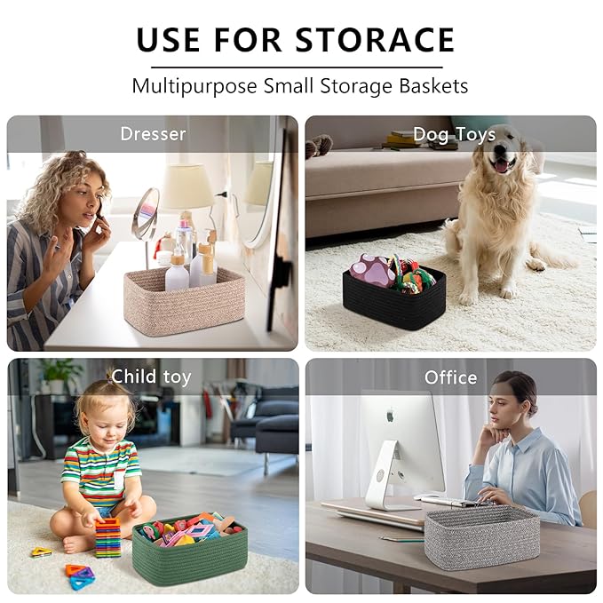 4 Pack Small Storage Shelf Baskets for Organizing, Mini Woven Rope Storage Bins for Towels, Cute Decorative Closet Organizer,Baby Nursery, Gift Empty Baskets -13''Lx8.66''Wx5.11''H-White