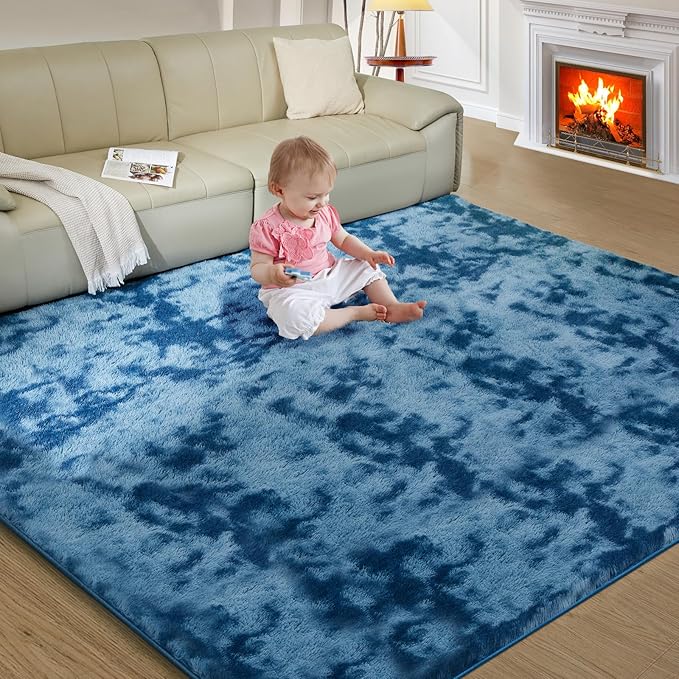 Ultra Soft Rug for Living Room, 6X9 Fluffy Shag Area Rug for Bedroom, Modern Shaggy Carpets Fuzzy Rug for Teens Dorm Nursery Home Decor Aesthetic, Upgrade Anti-Skid Durable, Tie-Dyed Blue Grey