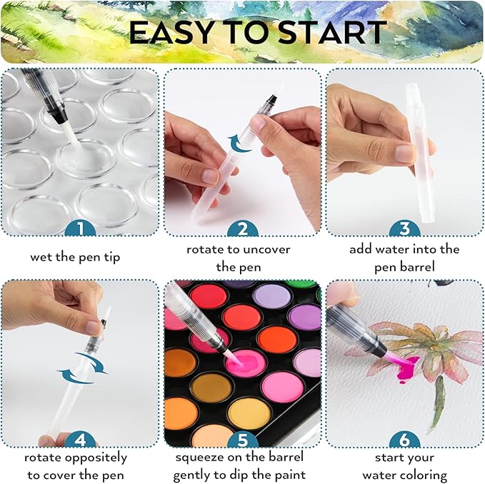 Nicpro Watercolor Paint Set, 48 Water Colors Kit with 3 Painting Brushes, Palette, Watercolor Pen, Non-toxic Painting Supplies for Kids, Adults, Students, Beginners and Artists