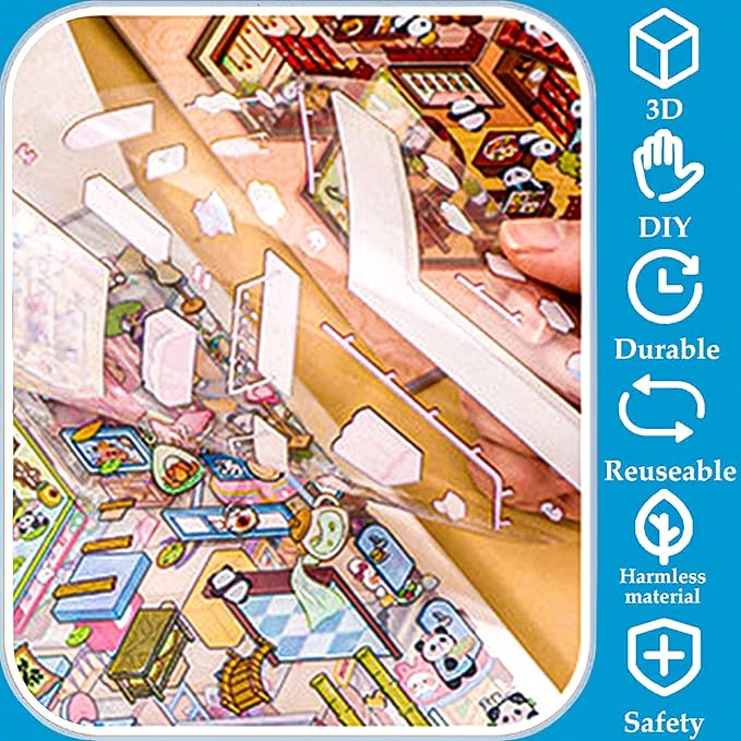 DIY 3D Sticker Scene,8 Sets Pack(600+) Large-Sized, Reusable Sticker Book, Cute Sets for Free Combination, Waterproof for Anywhere, Crafts Party Favors Birthday Gift