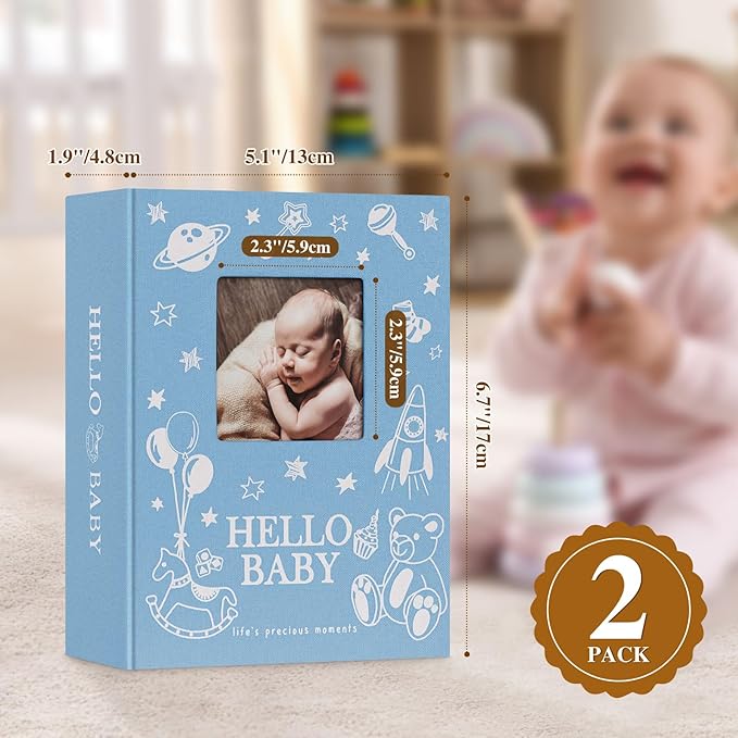 Lanpn Baby Photo Album 4x6 100 Pockets 2 Packs, Mini Linen DIY Window Photo Book Newborn Bebe Album Memory Book Sets, Holds 100 Top Loader Vertical Pictures Gift for Kids Boy Girl Baby Shower, Blue