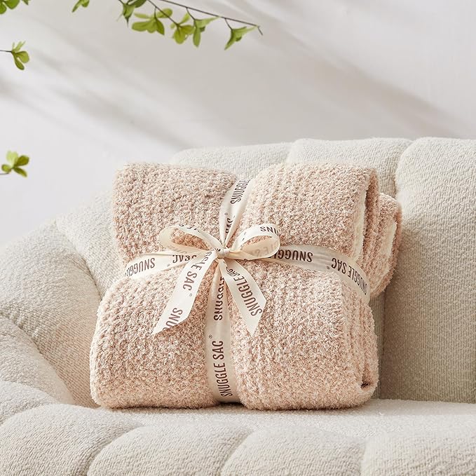Snuggle Sac Twin Size Beige Blankets for Bed, Super Soft, Warm, Cozy Knit Fuzzy Plush Blankets Oversized for Sofa, Living Room, Heather Beige, 60"x80"