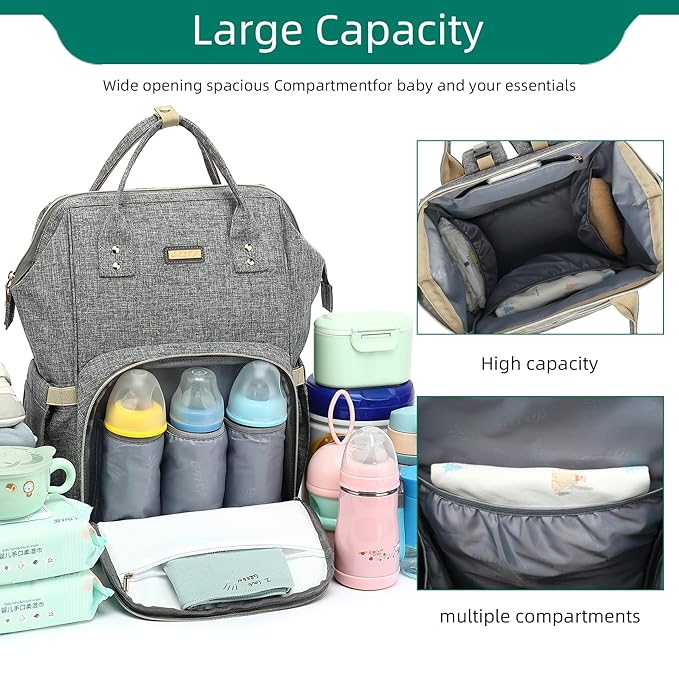 Diaper Bag Backpack, Diaper Bags for Baby Girls Boys, Baby Bags for Moms Dads, Nappy Changing Bag with Insulated Pockets,Multi-functional Waterproof Backpack with Stroller straps - Grey