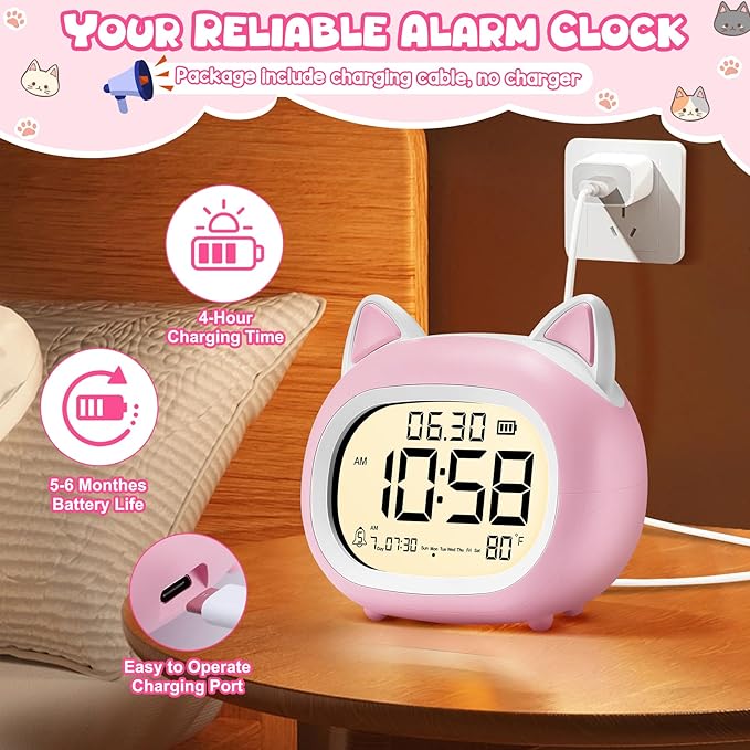 Kids Alarm Clock with Night Light for Kids, Small Digital Alarm Clocks for Bedrooms, Routine Builder, Cute Cat Alarm Clock with Sleep Training, Snooze, 12/24H, Date & Day, Temperature, USB Port