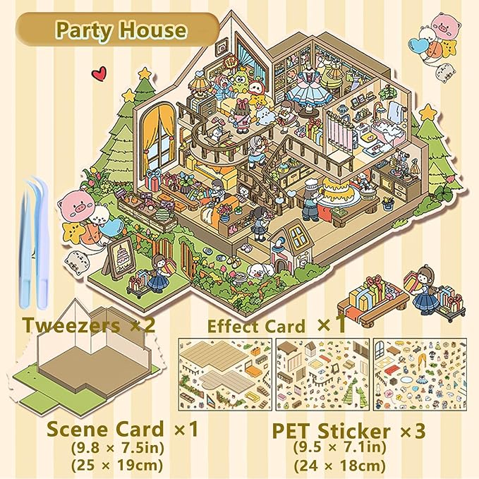 DIY 3D Sticker Scene,Jumbo-Large Party House, Reusable Sticker, Cute Sets for Free Combination, Waterproof for Anywhere, Crafts Party Favors Birthday Gift