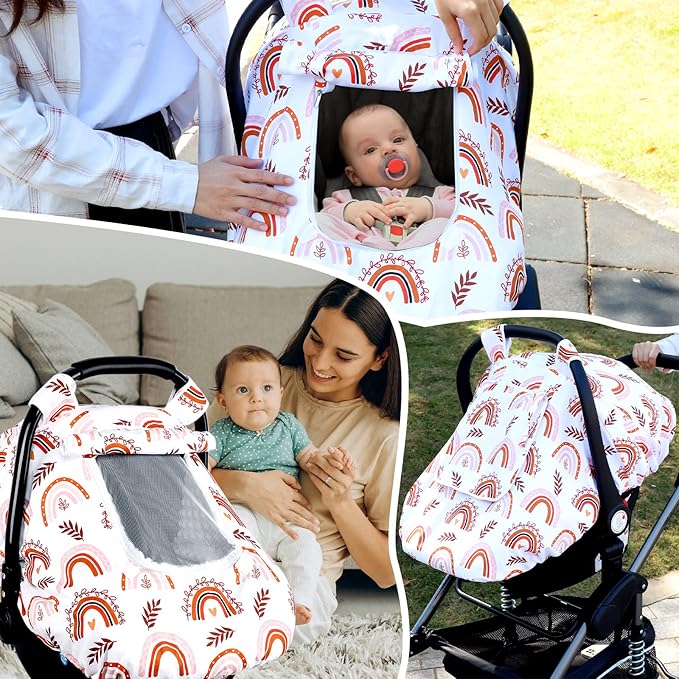 Pea Pod Baby Car Seat Cover Girls, Infant Rainbow Car Seat Covers Canopy for Newborn,2 Layers Windows of Breathable Mesh/Fabric, Lightweight Polyester/Minky Dot Backing, Snug Fit Most Baby Car Seat