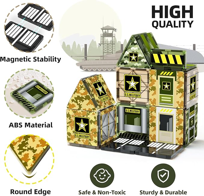 GobiDex Magnetic Tiles Army Toys, STEM Military Magnetic Building Blocks for Toddler Kids Ages 3-5 4-8, Sensory Magnet Construction Toys Birthday Gifts for 3+ Year Old Boys & Girls Army Men Playset