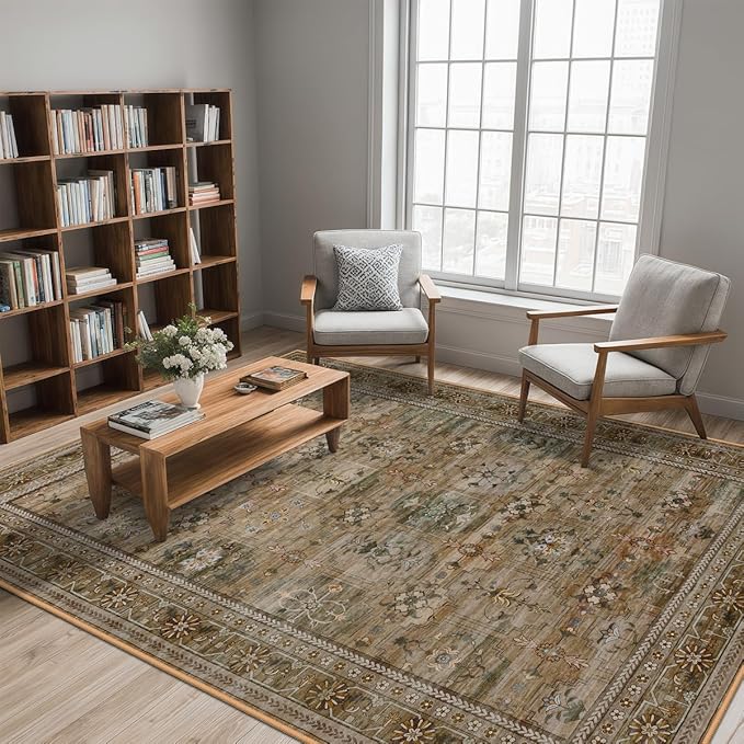 8x10 Washable Area Rug for Living Room, Non Slip Vintage Floral Print Rugs No Shedding, Distressed Thin Retro Accent Carpet for Bedroom Nursery Farmhouse Dining Room Olive/Charcoal