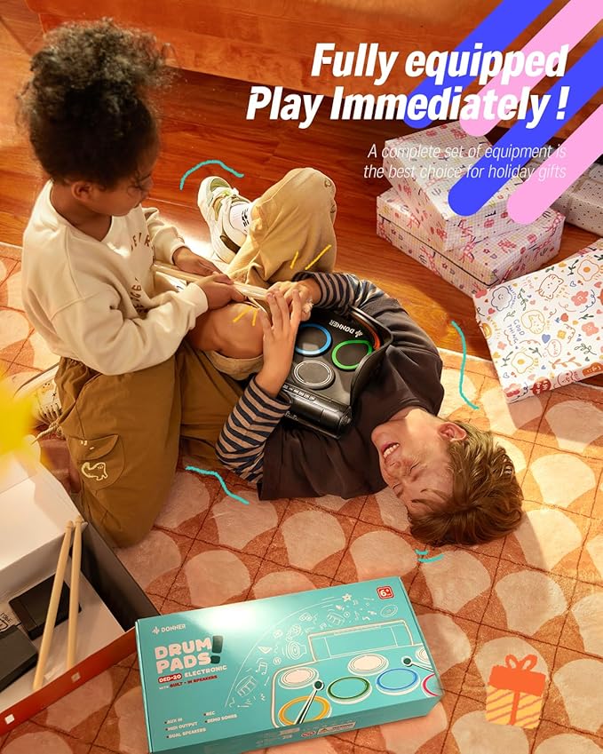 Donner Electric Drum Set Upgrated, 7 Pads Electronic Drum Pad Roll Up Quiet Drum Pad Built-in Speaker, 40 Lessons Included, Kids Holiday Christmas & Birthday Gift Instrument Toys(DED-20R) New