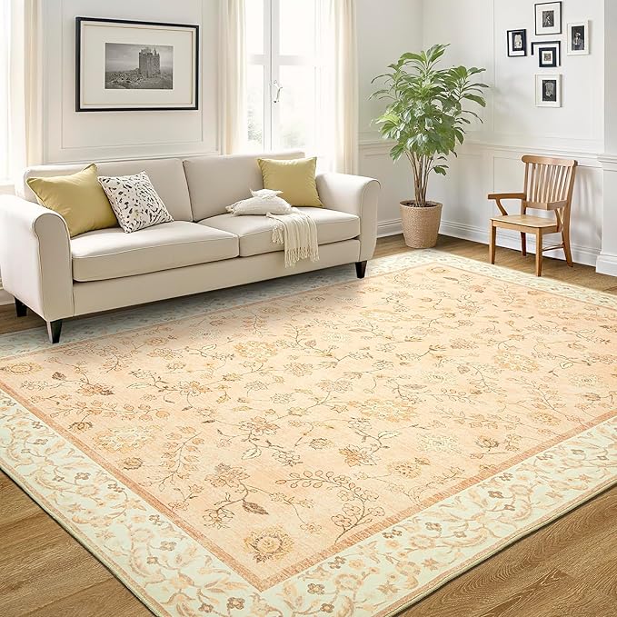 LOCHAS Washable Area Rugs 5x7, Peach Floral Rug for Living Room Bedroom Non Slip, Ultra Soft Vintage Indoor Carpet for Kids, Nursery, Dorm, Dining Room, Classroom, Boho Flower Home Decor, Low-Pile
