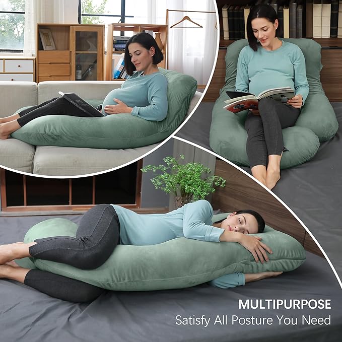 MOON PARK Pregnancy Pillows for Sleeping - U Shaped Full Body Maternity Pillow with Removable Cover - Support for Back, Legs, Belly, HIPS - 65 Inch - Green