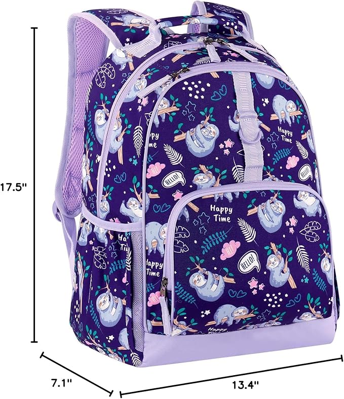 Choco Mocha Sloth Backpack for Girls, Elementary School Backpack for Girls Ages 6-8 Kids Kindergarten Backpack Bookbag 17 Inch with Chest Strap, Purple