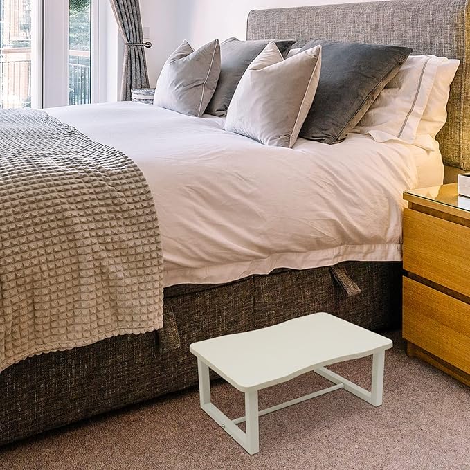 Wooden Step Stool with 500 Pounds, Wide Bed Step Stool for Adults,Wood White Step Stool&Stable Solid Metal Frame for Kitchen, Bedroom, Living Room, Bathroom