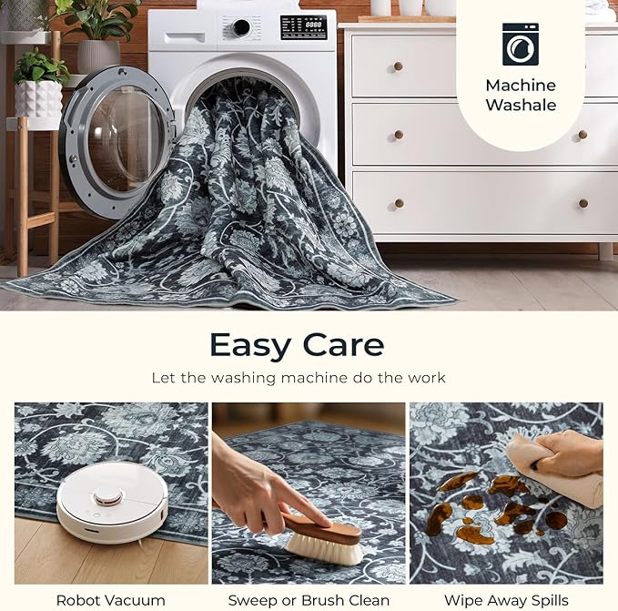 Area Rug 5x7 for Living Room & Bedroom, Large Washable Rugs, Soft & Non Slip, Vintage Carpet, Low Pile Wool Carpets for Indoor Under Table Dining Home Office Nursery Playroom, Black