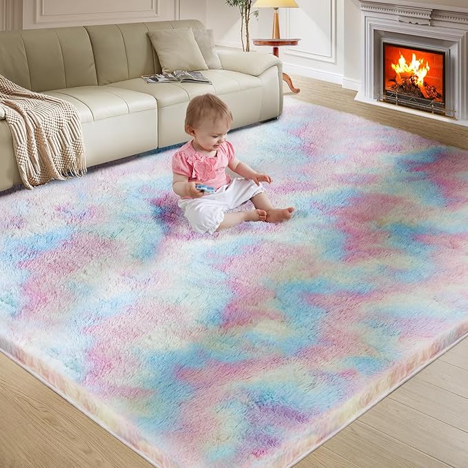 Fluffy Colorful Rug for Living Bedroom, Rainbow Fluffy Soft Plush Area Rugs for Girls Bedroom, Fuzzy Nursery Rug for Baby's Toddler's,Clorful Room Decor for Teenage, Easy-Cleaning, Non Shedding, 3X4