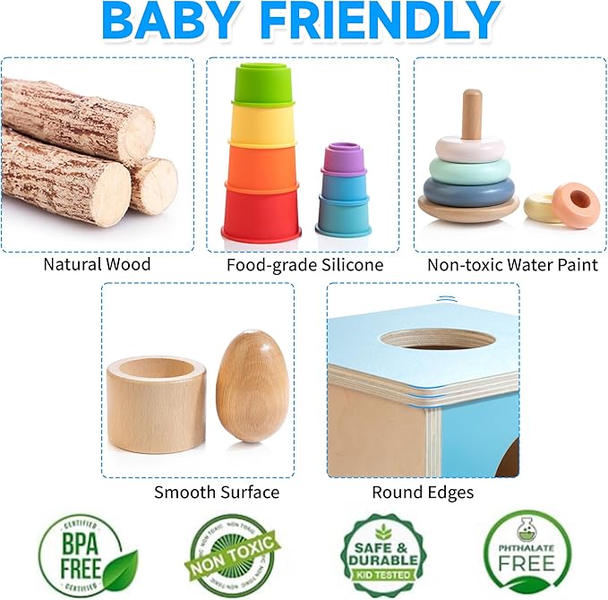 Montessori Toys for Babies 6-12 Months, 9 in 1 Educational Wooden Toys Set, Includes Object Permanent Box, Stacking Cups, Mirror Puzzle, Ring Stacker and More