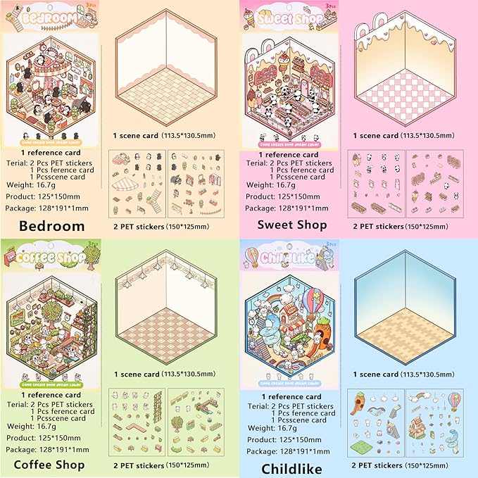 DIY 3D Sticker Scene,8 Sets Pack(500+), Reusable Sticker Book, Cute Sets for Free Combination, Cute Waterproof for Anywhere, Crafts Party Favors Birthday Gift