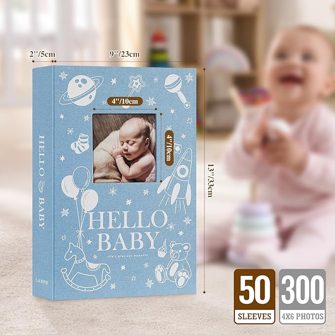 Lanpn Baby Photo Album 4x6 300 Pockets, Linen Newborn Bebe Ultrasound Photo Album with Memo Writing Area, Cover Photo Book, Picture Album for kids, Baby Boy Memory Book Keepsake Blue