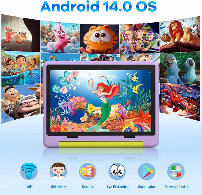 Kids Tablet|Upgraded Android 14 Tablet 10 inch for Kids with Protective Case|Octa-Core|64GB|1TB TF Card Expandable|Dual Camera|Parental Control|Great Gift for Toddler(Purple)