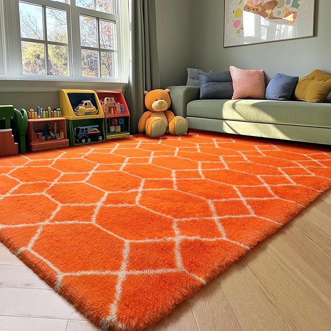 ONASAR Rugs for Living Room Bedroom, 5x8 Washable Fluffy Orange and White Area Rug, Geometric Boho Soft Plush Shaggy Fuzzy Floor Carpet for Nursery Kids Girls Boys Teen Dorm Home Decor Aesthetic