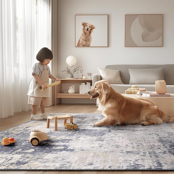 Washable Area Rugs 2'x10' Non-Slip Modern Abstract Soft for Living Room Entryway Bedroom Nursery, Print Pattern, Purple Grey Cream Yellow