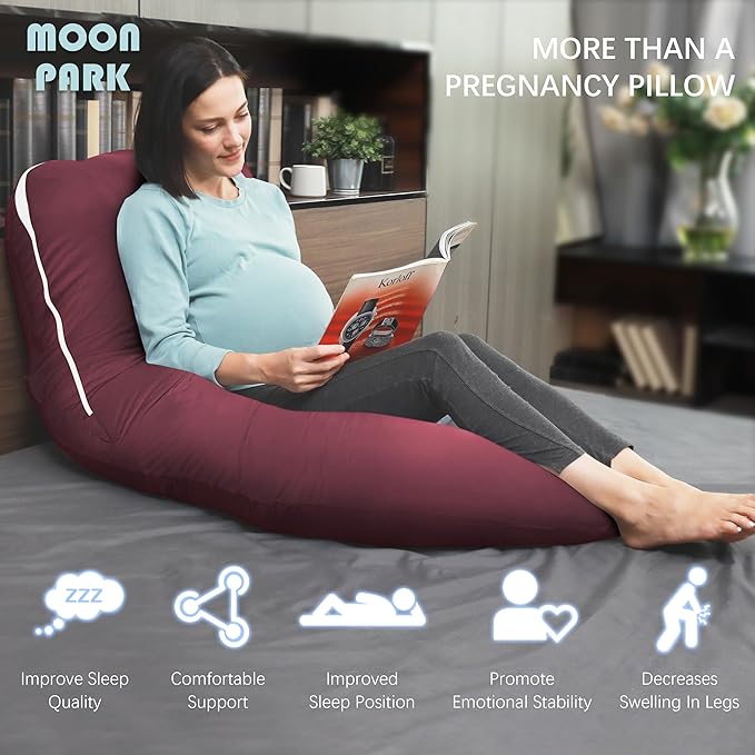 MOON PARK Pregnancy Pillows for Sleeping - U Shaped Full Body Maternity Pillow with Removable Cover - Support for Back, Legs, Belly, HIPS - 65 Inch - Burgundy - Cooling Cover