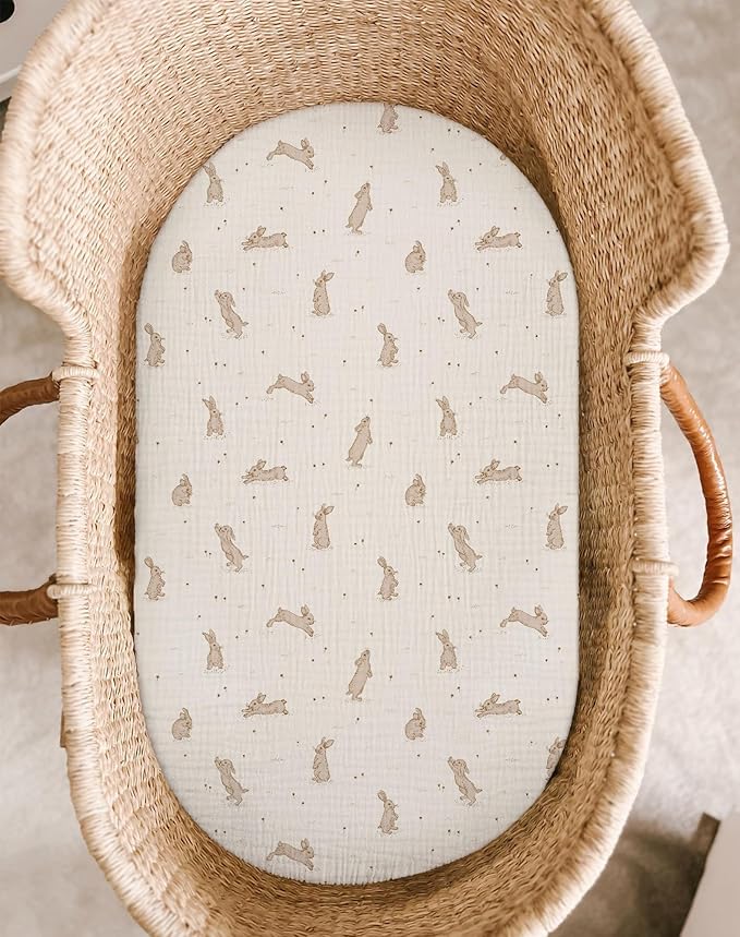 Bassinet Sheet for Baby Boy and Girl 2 Pack, Fitted Sheets for Rectangle, Oval, Hourglass Bassinet Mattress, Muslin Moses Basket Sheets with Neutral Style (Hopping Bunnies & Beige)