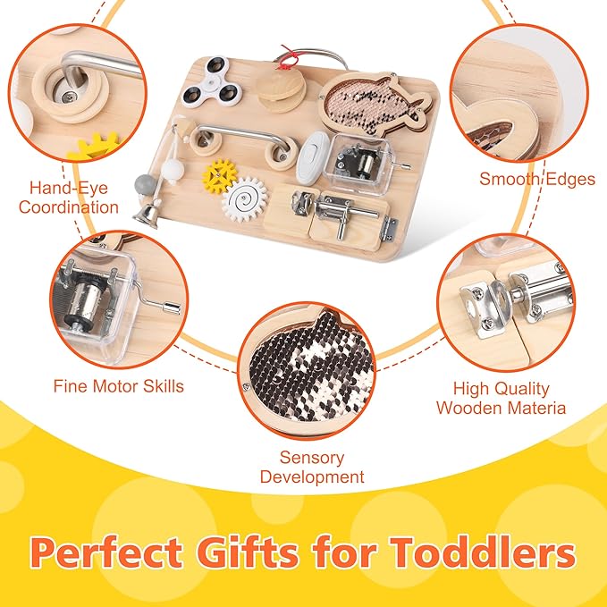 Wooden Busy Board for Toddlers, Montessori Sensory Toys for 1 2 3 4 Year Old, Autism Sensory Toys for Kids Boys Girls, Fine Motor Skills Travel Toys