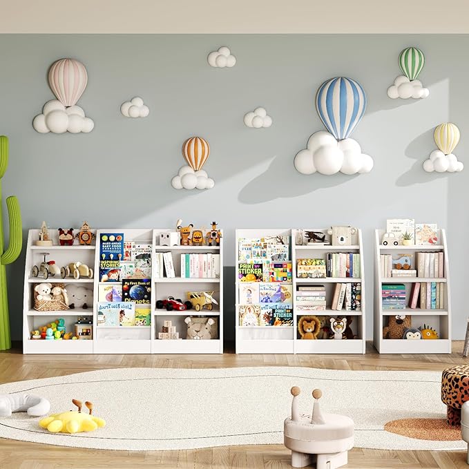 4 Tier Kids Bookshelf,4 Layer Sling Kids Book Shelf for Kids Rooms,Wood Children Bookcase,Baby Storage Book Rack,Toddler Bookshelf, Book and Toy Organizer,Book Display Shelf for Bedroom, Nursery