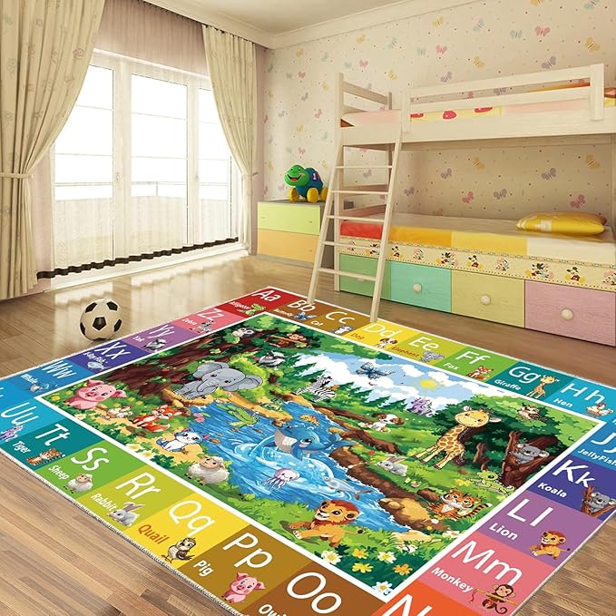ABC Rug for Kids Room, ABC Baby Mats for Floor Toddlers, Alphabet Play Mat Elementary Preschool Kid's Rugs with Animal Illustrations - (78.7X59 Inches)