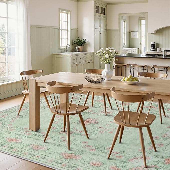 Wonnitar Green Area Rug for Living Room, Floral Bow 8x10 Washable Rug, Ultra-Thin Non Shedding Soft Boho Carpet for Bedroom Dining Room Playroom Dorm, Light Green