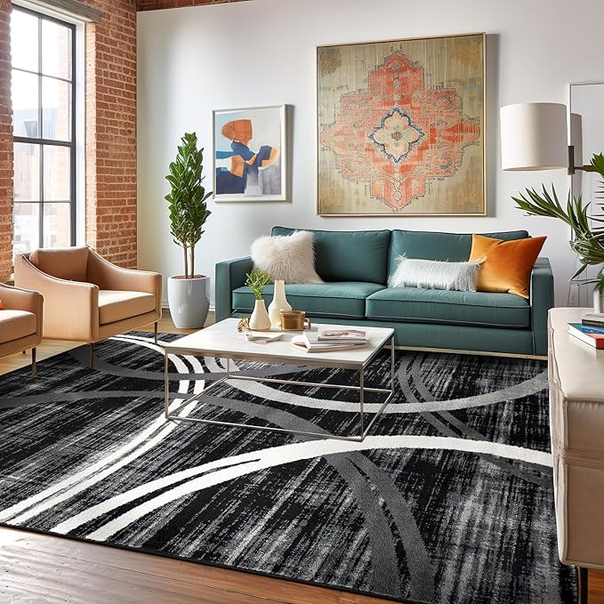 Rugshop Modern Wavy Circles Design Area Rug 8'8" x 12' Black